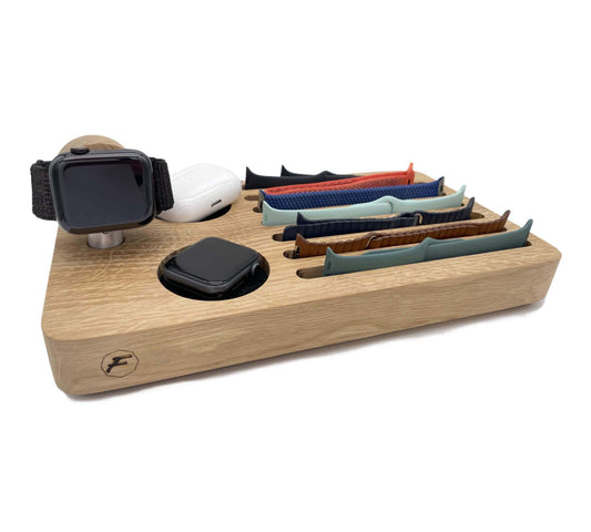 Aufbewahrung und Ladestation für die Apple Watch mit vielen Armbändern