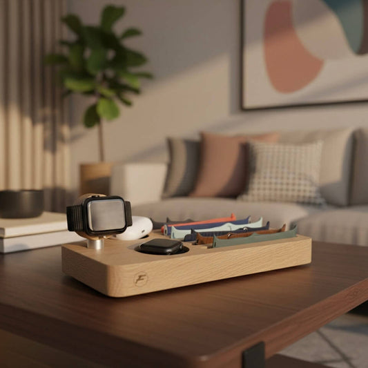 Formschöne Ladestation aus Holz mit viel Platz für die Armbänder