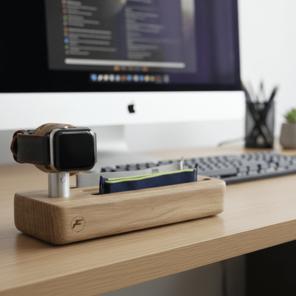 Passgenaues magnetisches Ladegerät, bündig eingelassen in einen ÄpplStänd aus Eichenholz